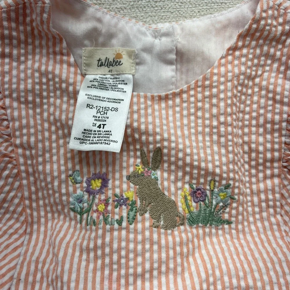 Tullabee Gingham Seersucker Dress Toddler‎ 4T Pink Bunny Embroidery Puff Sleeve